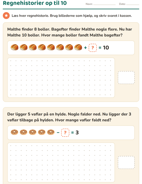 Forhåndsvisning af Regnehistorier-arbejdsark med Bageri til 1. klasse