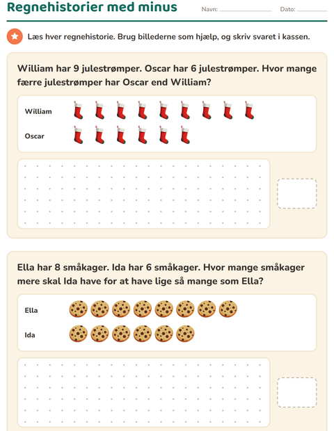 Forhåndsvisning af Regnehistorier-arbejdsark med Jul til 1. klasse