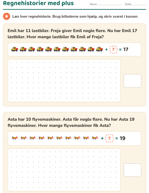 Forhåndsvisning af Regnehistorier-arbejdsark med Legetøj til 1. klasse