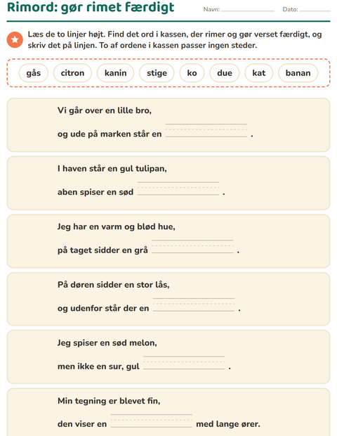 Forhåndsvisning af Rimord-arbejdsark til 1. klasse