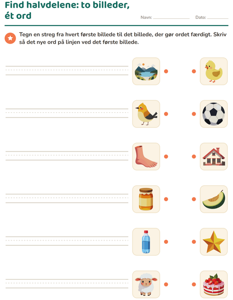 Find halvdelene – forbind to billeder, og skriv det nye ord – 2. klasse