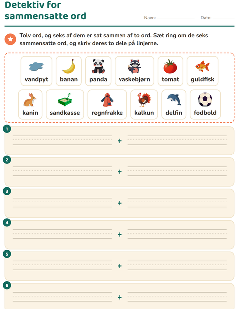Detektiv for sammensatte ord – hvilke seks af tolv ord er sat sammen? – 2. klasse