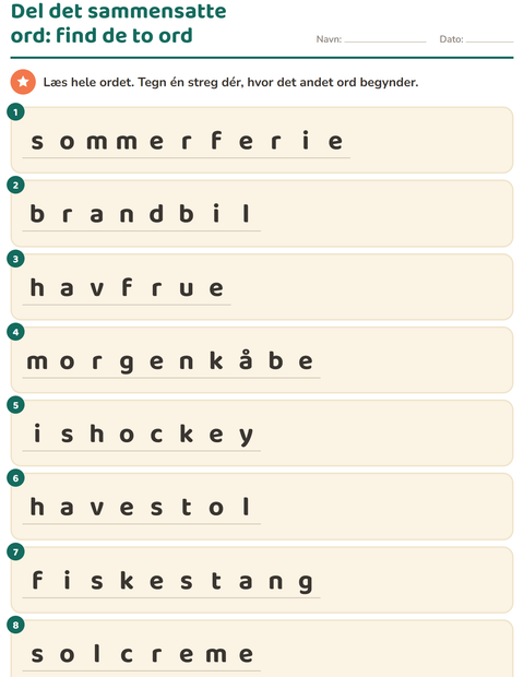 Forhåndsvisning af Sammensatte ord-arbejdsark til 2. klasse