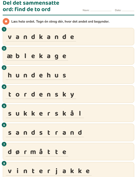Forhåndsvisning af Sammensatte ord-arbejdsark til 2. klasse