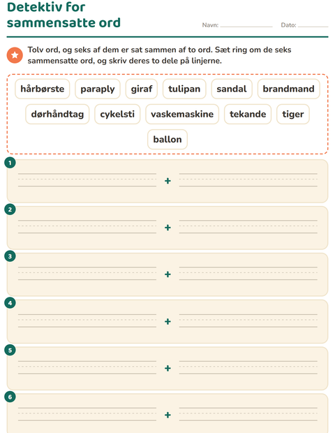 Forhåndsvisning af Sammensatte ord-arbejdsark til 2. klasse