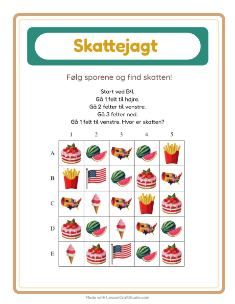 Forhåndsvisning af Skattejagt-arbejdsark med 4. juli til Børnehaveklasse