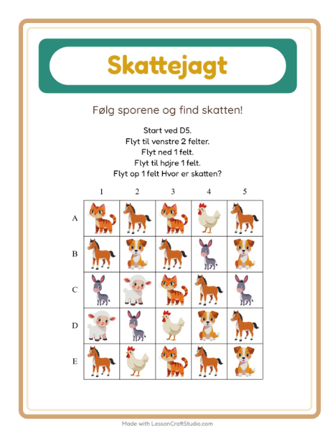 Forhåndsvisning af Skattejagt-arbejdsark med Bondegårdsdyr til 1. klasse