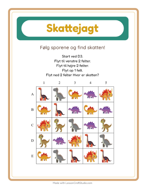 Forhåndsvisning af Skattejagt-arbejdsark med Dinosaurer til 1. klasse