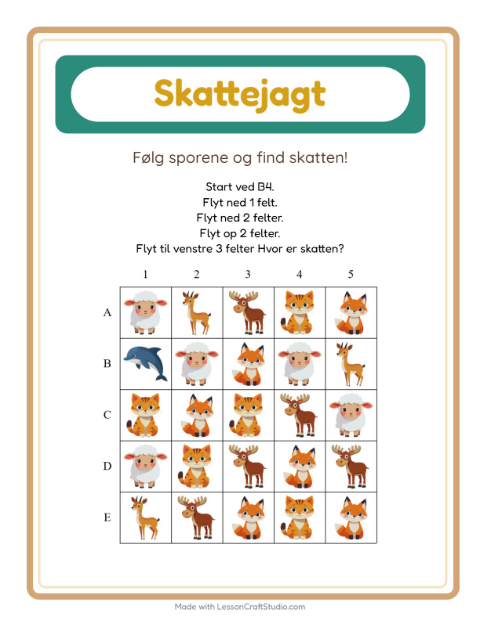 Forhåndsvisning af Skattejagt-arbejdsark med Dyr til 1. klasse