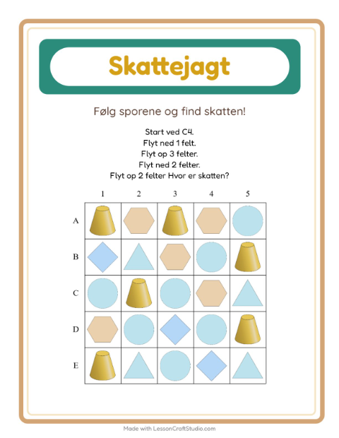 Forhåndsvisning af Skattejagt-arbejdsark med Former til 1. klasse