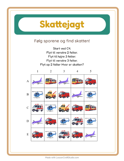 Forhåndsvisning af Skattejagt-arbejdsark med Køretøjer til 1. klasse