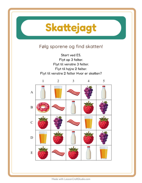 Forhåndsvisning af Skattejagt-arbejdsark med Morgenmad til 1. klasse