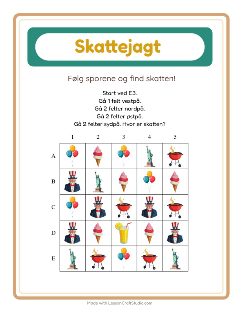Forhåndsvisning af Skattejagt-arbejdsark med 4. juli til Børnehaveklasse
