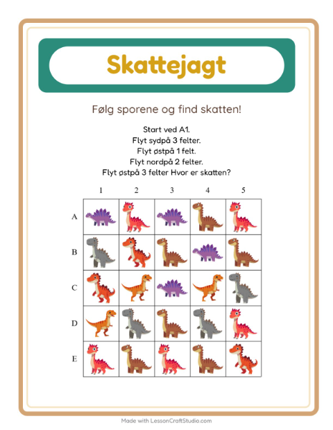 Forhåndsvisning af Skattejagt-arbejdsark med Dinosaurer til 1. klasse