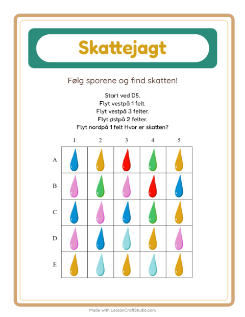 Forhåndsvisning af Skattejagt med kompas: farver – opgave til print