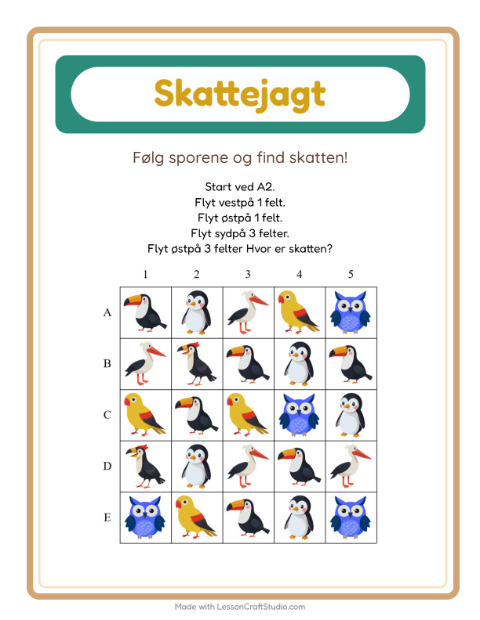 Forhåndsvisning af Skattejagt-arbejdsark med Fugle til 1. klasse
