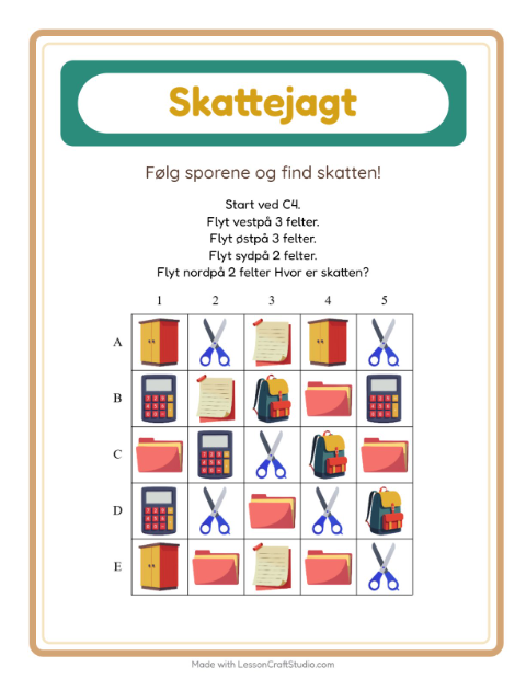 Forhåndsvisning af Skattejagt-arbejdsark med Klasseværelse til 1. klasse