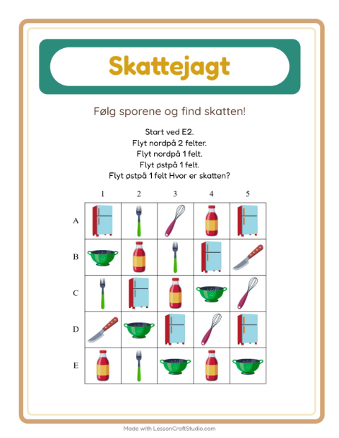 Forhåndsvisning af Skattejagt-arbejdsark med Køkkenredskaber til 1. klasse