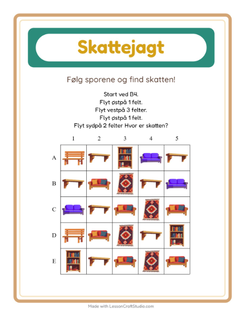 Forhåndsvisning af Skattejagt med kompas: møbler – opgave til print