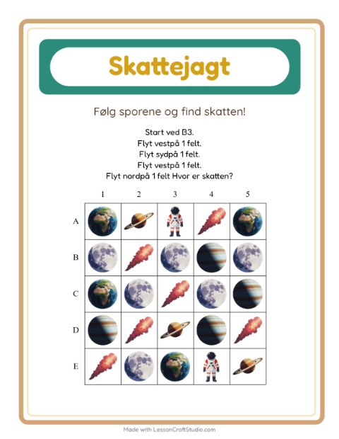 Forhåndsvisning af Skattejagt-arbejdsark med Rummet til 1. klasse