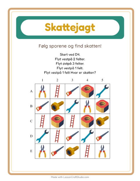 Forhåndsvisning af Skattejagt-arbejdsark med Værktøj til 1. klasse
