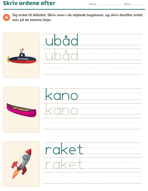 Forhåndsvisning af Skriv ordene efter-arbejdsark med Køretøjer til Børnehaveklasse