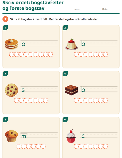Forhåndsvisning af Skriv ordet-arbejdsark med Desserter og slik til 1. klasse