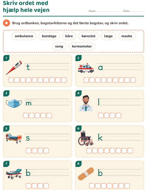 Forhåndsvisning af Skriv ordet-arbejdsark med Hospital til 1. klasse