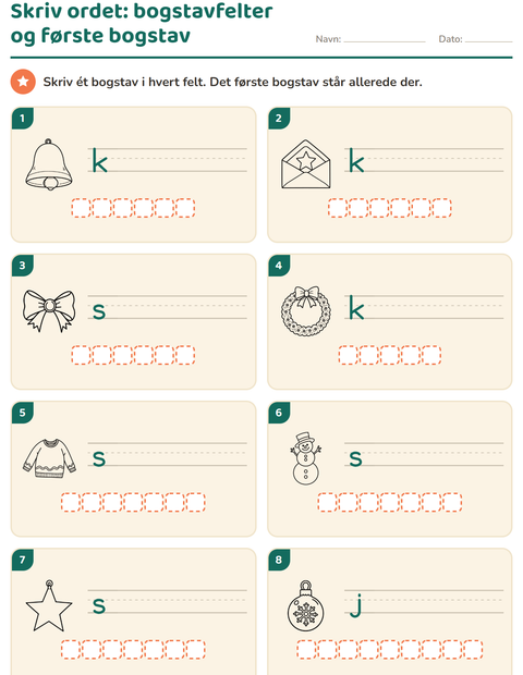 Forhåndsvisning af Skriv ordet-arbejdsark med Jul S/H til 1. klasse