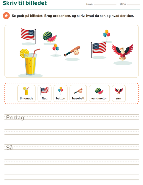 Forhåndsvisning af Skriv til billedet-arbejdsark med 4. juli til 2. klasse