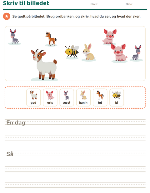 Forhåndsvisning af Skriv til billedet-arbejdsark med Bondegårdsdyr til 2. klasse