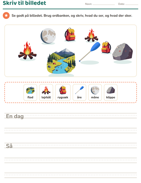 Forhåndsvisning af Skriv til billedet-arbejdsark med Camping til 2. klasse