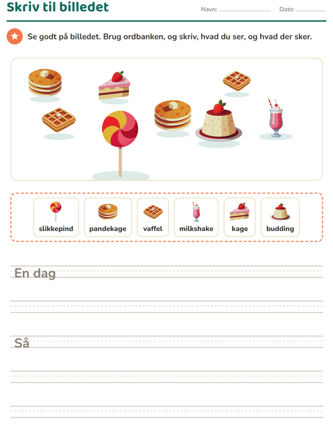 Forhåndsvisning af Skriv til billedet-arbejdsark med Desserter og slik til 2. klasse