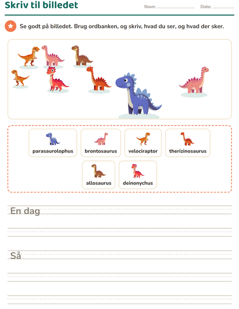 Forhåndsvisning af Skriv til billedet-arbejdsark med Dinosaurer til 2. klasse