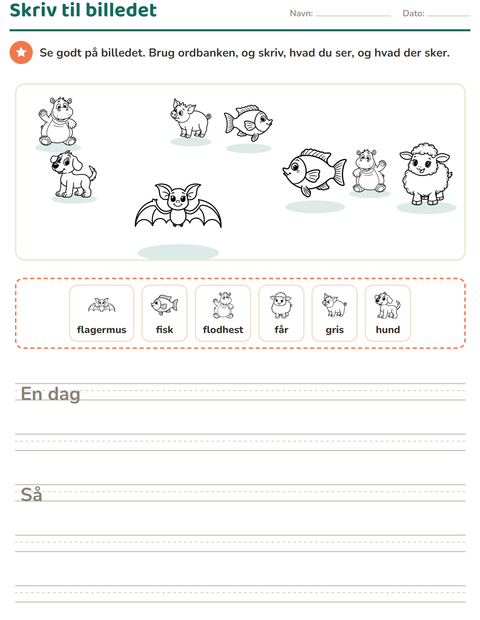 Forhåndsvisning af Skriv til billedet-arbejdsark med Dyr SH til 2. klasse