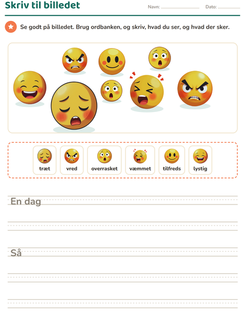 Forhåndsvisning af Skriv til billedet-arbejdsark med Følelser til 2. klasse