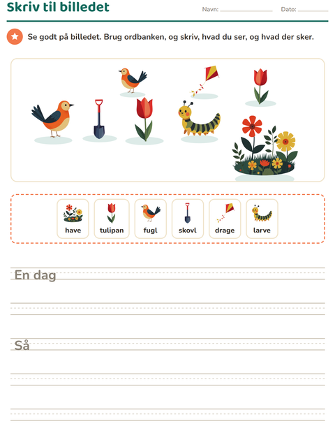 Forhåndsvisning af Skriv til billedet-arbejdsark med Forår til 2. klasse