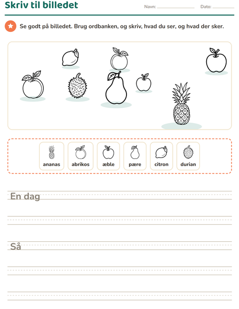 Forhåndsvisning af Skriv til billedet-arbejdsark med Frugter SH til 2. klasse