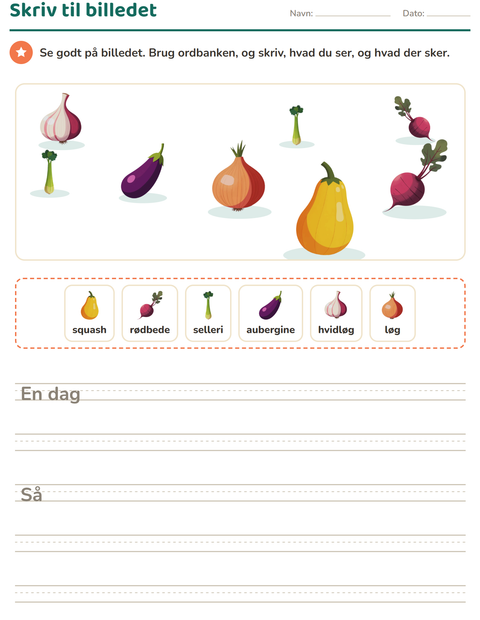 Forhåndsvisning af Skriv til billedet-arbejdsark med Grøntsager til 2. klasse