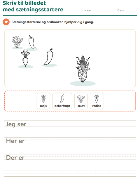 Forhåndsvisning af Skriv til billedet-arbejdsark med Grøntsager SH 2 til 2. klasse