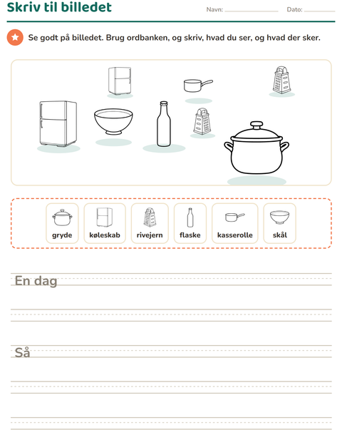 Forhåndsvisning af Skriv til billedet-arbejdsark med Køkken SH til 2. klasse