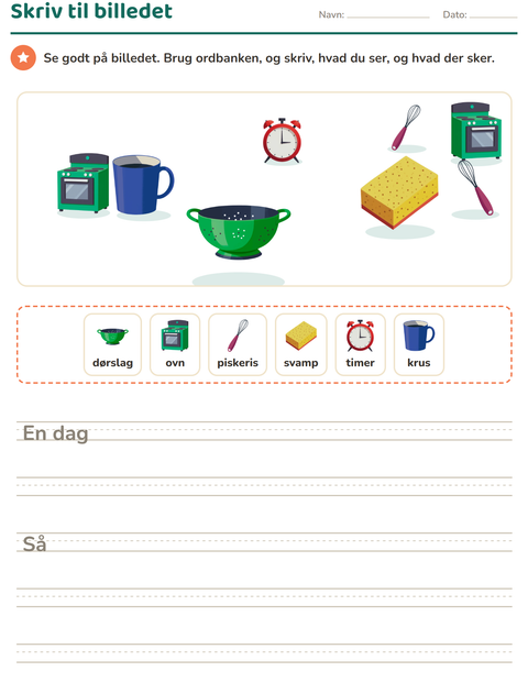 Forhåndsvisning af Skriv til billedet-arbejdsark med Køkkenredskaber til 2. klasse