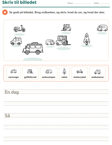 Forhåndsvisning af Skriv til billedet-arbejdsark med Køretøjer SH 3 til 2. klasse
