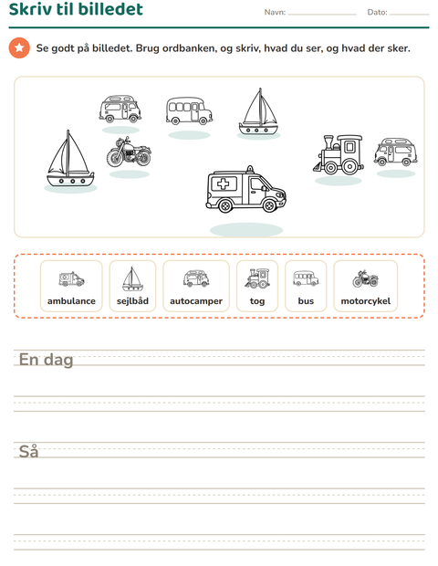 Forhåndsvisning af Skriv til billedet-arbejdsark med Køretøjer SH til 2. klasse