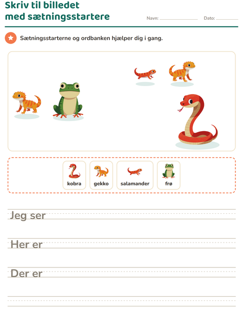 Forhåndsvisning af Skriv til billedet-arbejdsark med Krybdyr og padder til 2. klasse