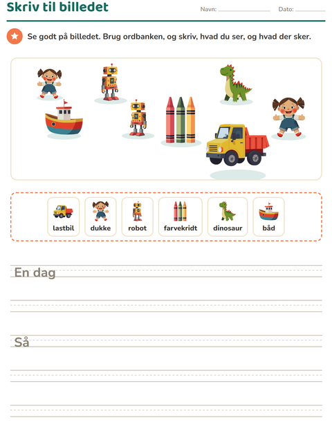 Forhåndsvisning af Skriv til billedet-arbejdsark med Legetøj til 2. klasse