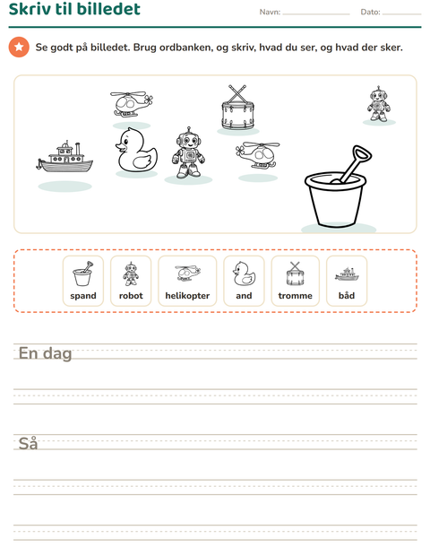 Forhåndsvisning af Skriv til billedet-arbejdsark med Legetøj SH til 2. klasse
