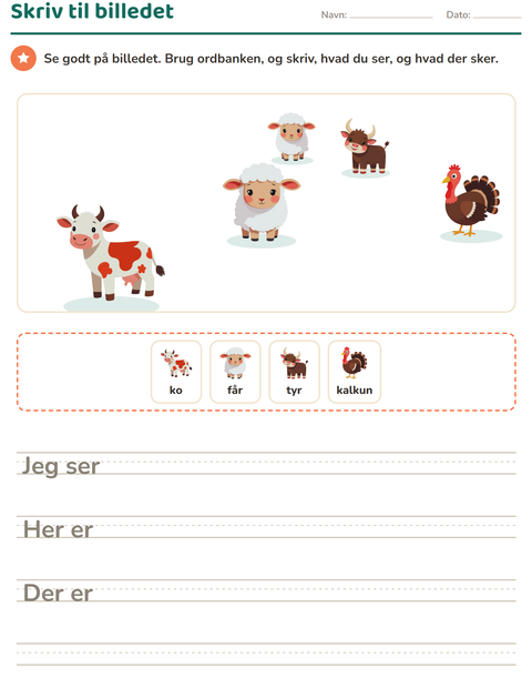 Forhåndsvisning af Skriv til billedet-arbejdsark med Bondegårdsdyr til 2. klasse