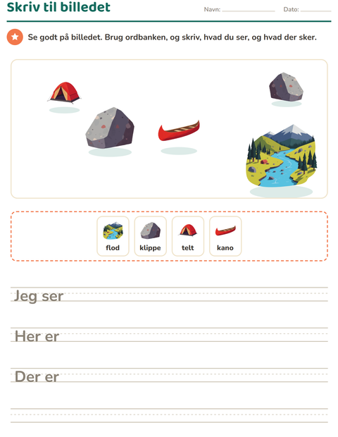 Forhåndsvisning af Skriv til billedet-arbejdsark med Camping til 2. klasse
