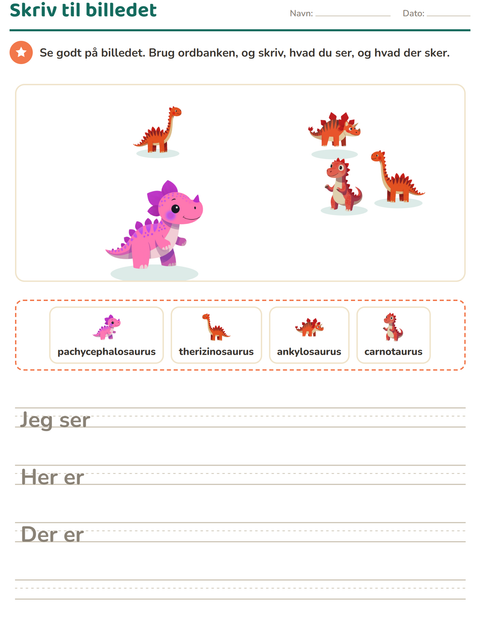 Forhåndsvisning af Skriv til billedet-arbejdsark med Dinosaurer til 2. klasse